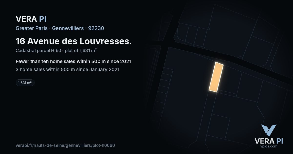 16 Avenue des Louvresses, Gennevilliers at night – the plot lit, the parcels around coloured by the prices near them