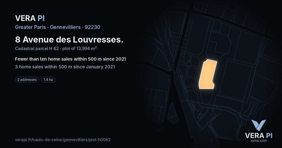 8 Avenue des Louvresses, Gennevilliers at night – the plot lit, the parcels around coloured by the prices near them
