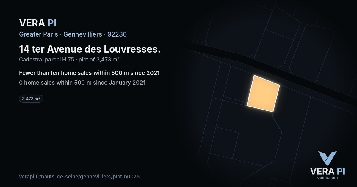 14 ter Avenue des Louvresses, Gennevilliers at night – the plot lit, the parcels around coloured by the prices near them