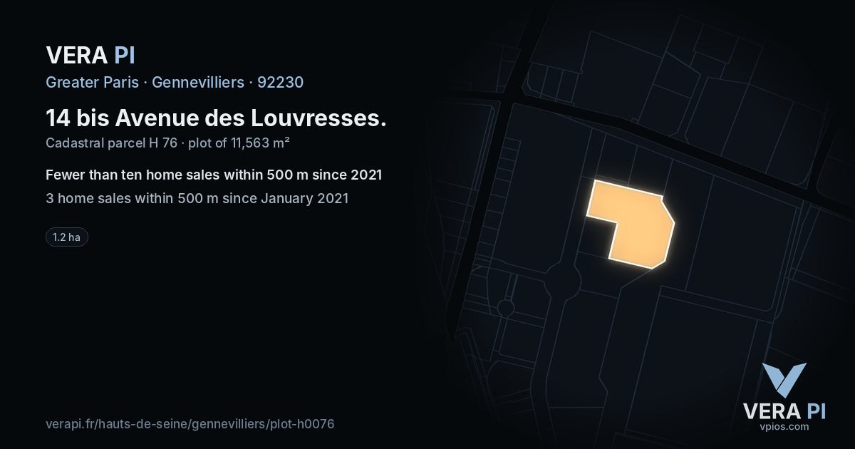 14 bis Avenue des Louvresses, Gennevilliers at night – the plot lit, the parcels around coloured by the prices near them