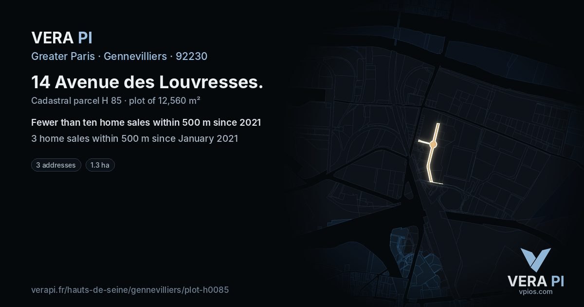 14 Avenue des Louvresses, Gennevilliers at night – the plot lit, the parcels around coloured by the prices near them