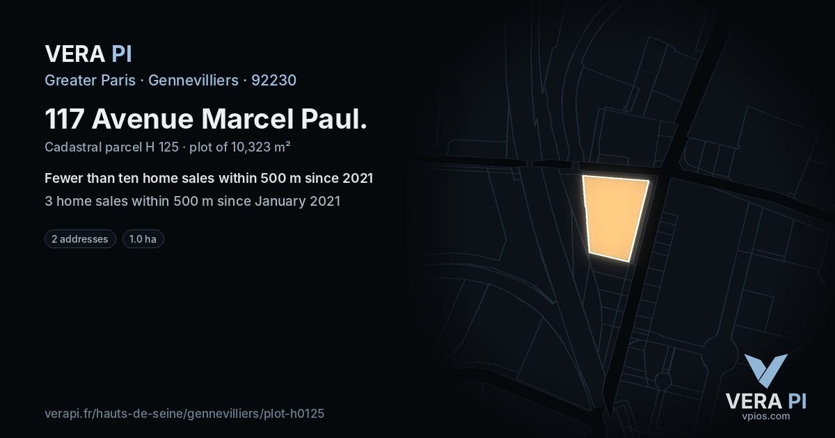 117 Avenue Marcel Paul, Gennevilliers at night – the plot lit, the parcels around coloured by the prices near them