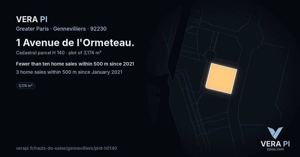 1 Avenue de l'Ormeteau, Gennevilliers at night – the plot lit, the parcels around coloured by the prices near them