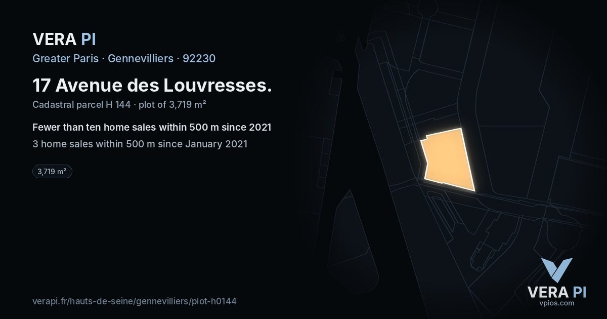 17 Avenue des Louvresses, Gennevilliers at night – the plot lit, the parcels around coloured by the prices near them