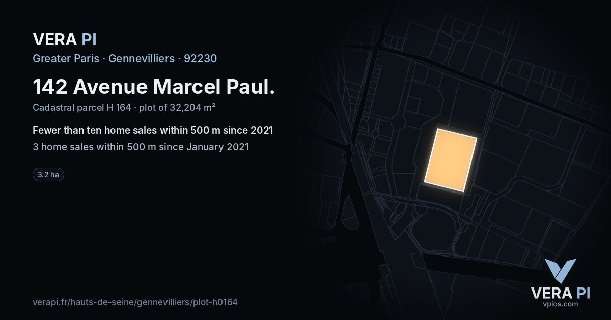142 Avenue Marcel Paul, Gennevilliers at night – the plot lit, the parcels around coloured by the prices near them
