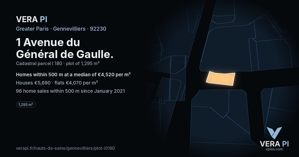 1 Avenue du Général de Gaulle, Gennevilliers at night – the plot lit, the parcels around coloured by the prices near them
