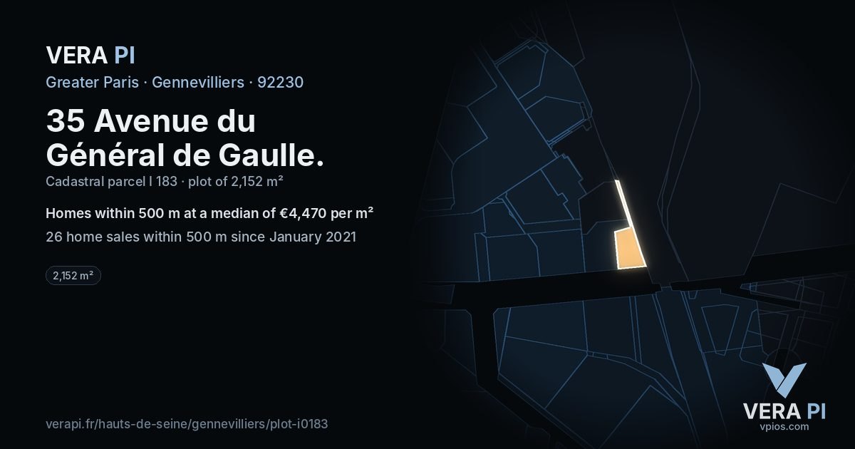 35 Avenue du Général de Gaulle, Gennevilliers at night – the plot lit, the parcels around coloured by the prices near them