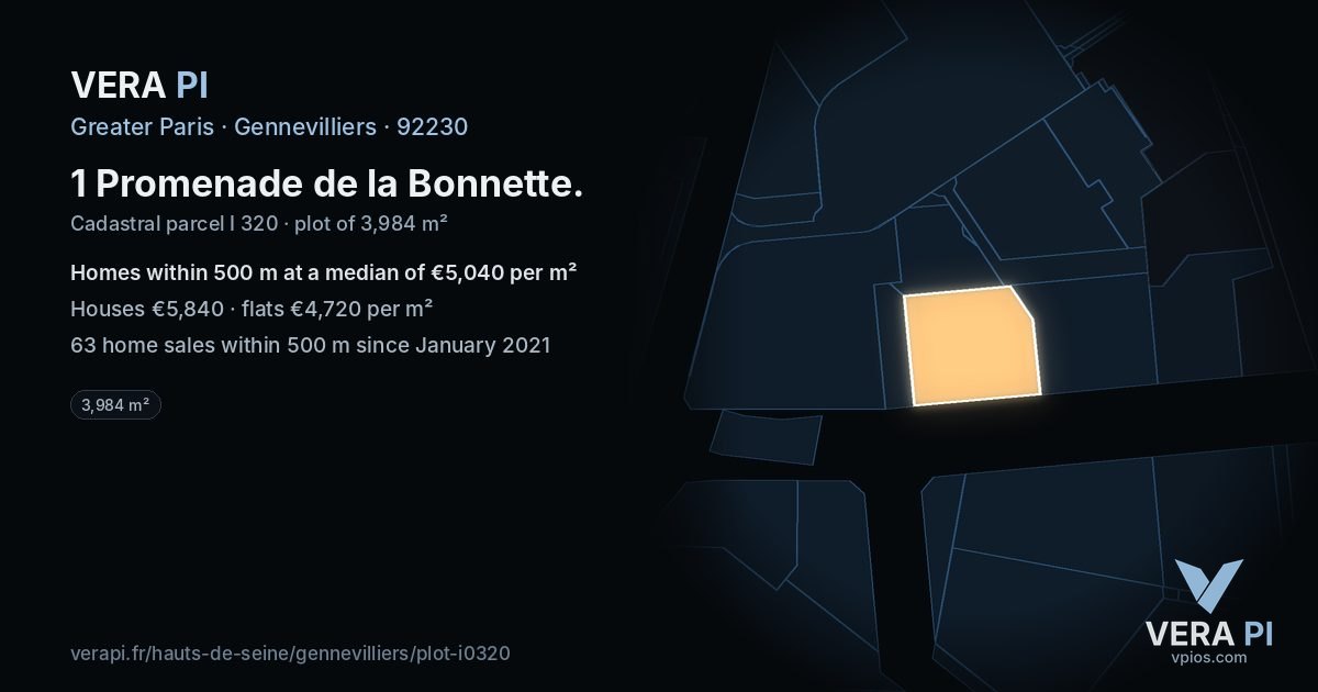 1 Promenade de la Bonnette, Gennevilliers at night – the plot lit, the parcels around coloured by the prices near them