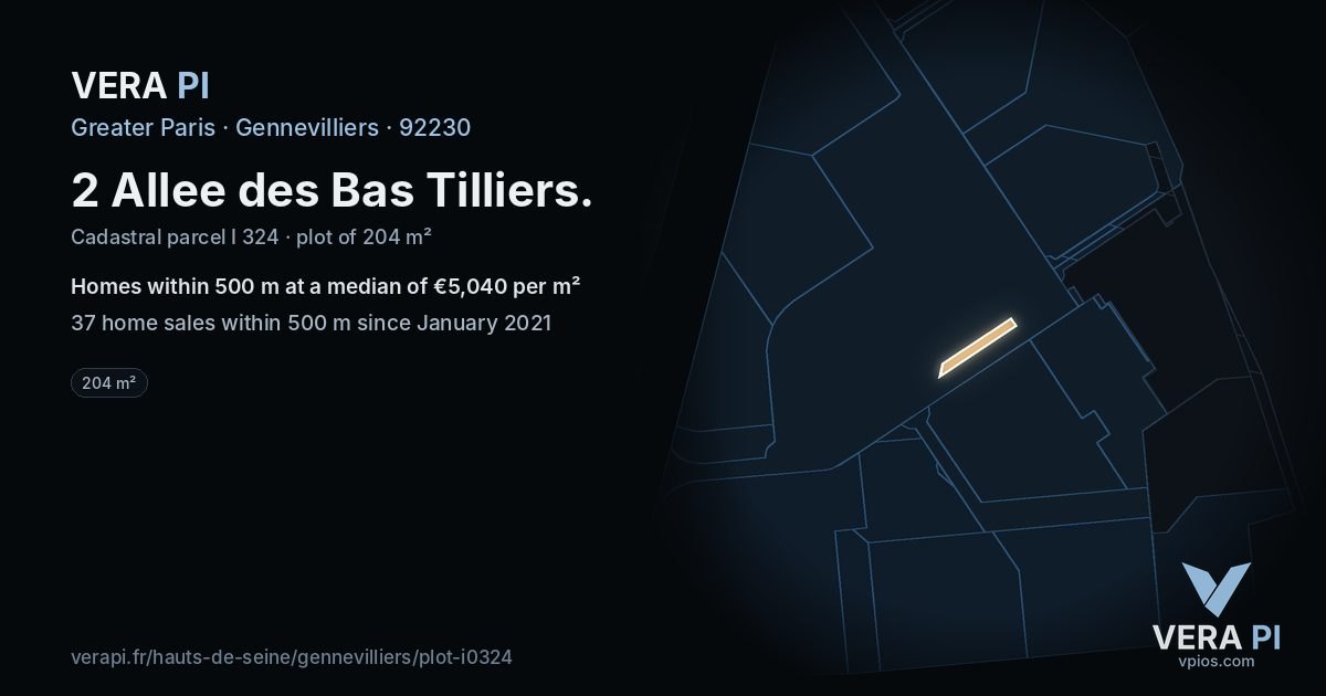 2 Allee des Bas Tilliers, Gennevilliers at night – the plot lit, the parcels around coloured by the prices near them