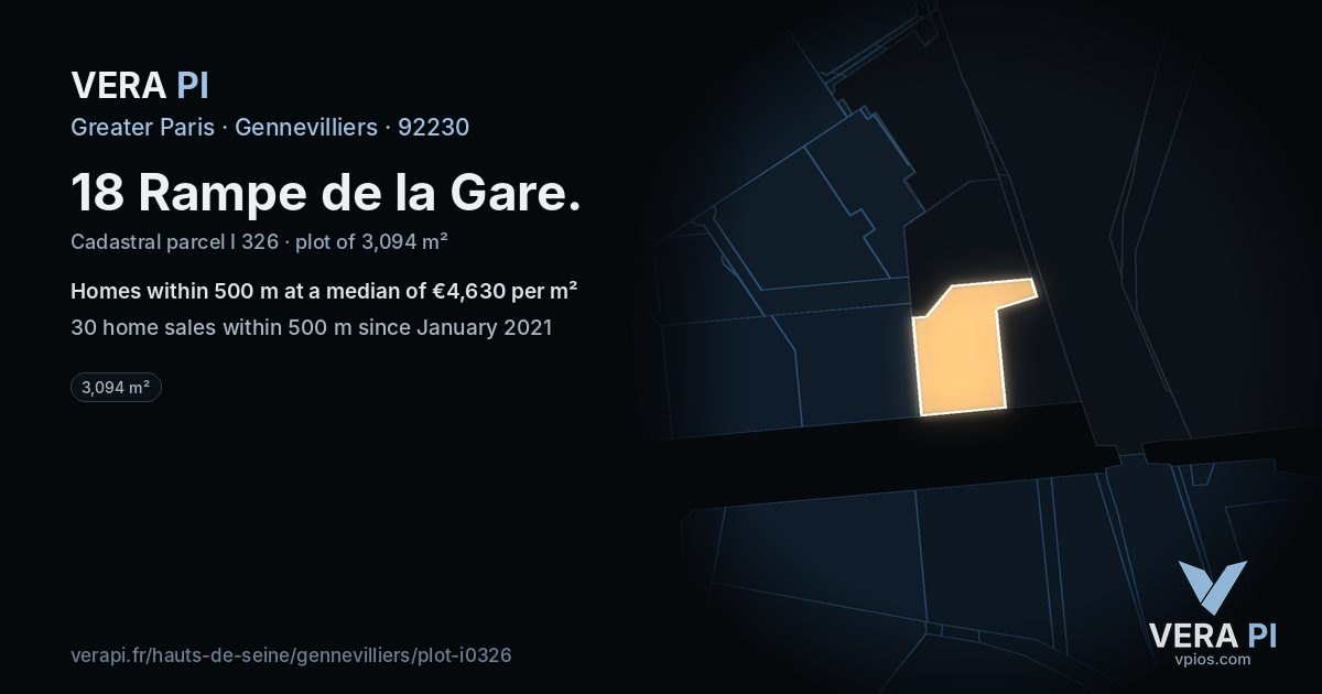 18 Rampe de la Gare, Gennevilliers at night – the plot lit, the parcels around coloured by the prices near them