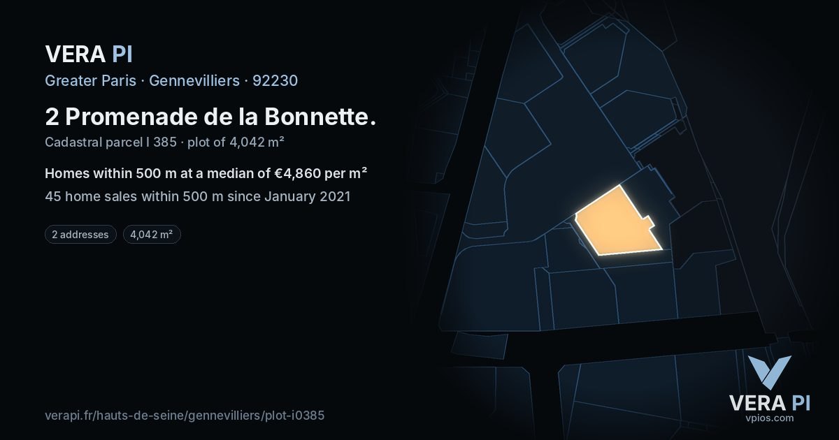 2 Promenade de la Bonnette, Gennevilliers at night – the plot lit, the parcels around coloured by the prices near them