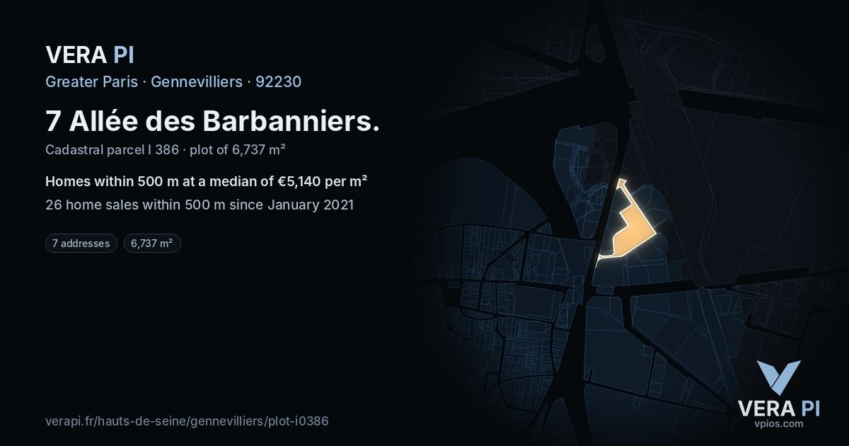 7 Allée des Barbanniers, Gennevilliers at night – the plot lit, the parcels around coloured by the prices near them
