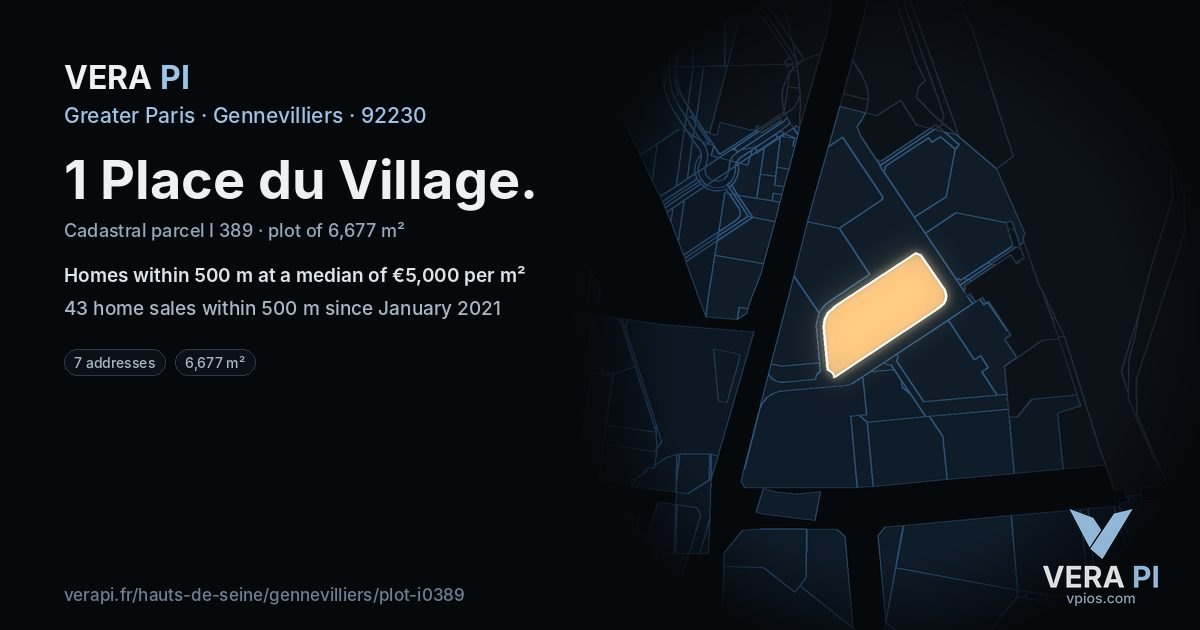 1 Place du Village, Gennevilliers at night – the plot lit, the parcels around coloured by the prices near them
