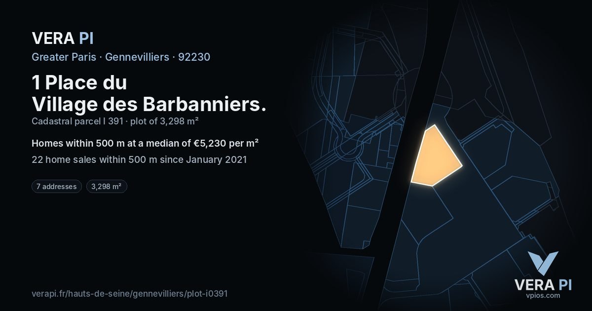 1 Place du Village des Barbanniers, Gennevilliers at night – the plot lit, the parcels around coloured by the prices near them