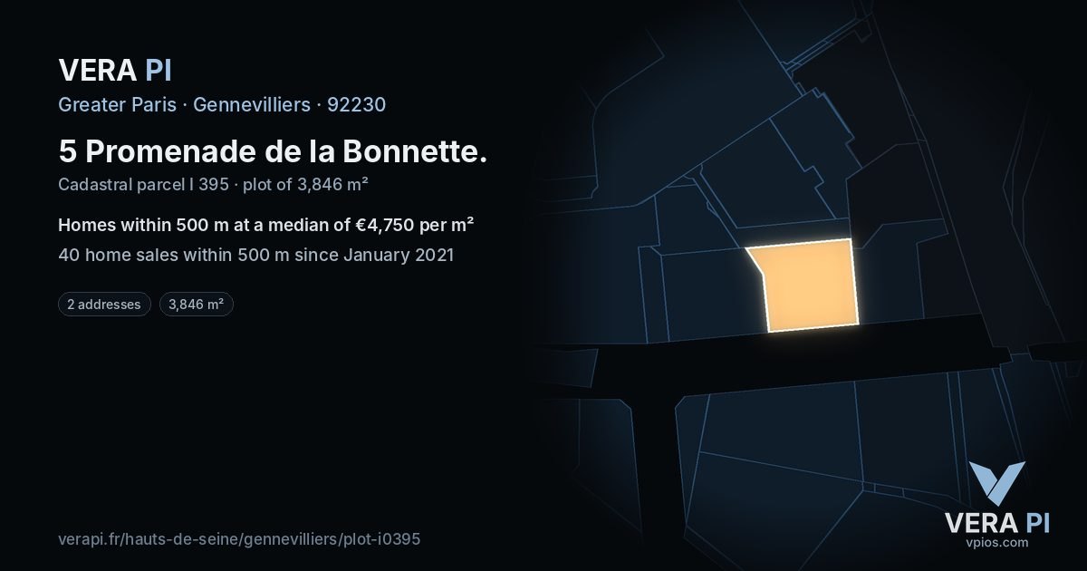 5 Promenade de la Bonnette, Gennevilliers at night – the plot lit, the parcels around coloured by the prices near them
