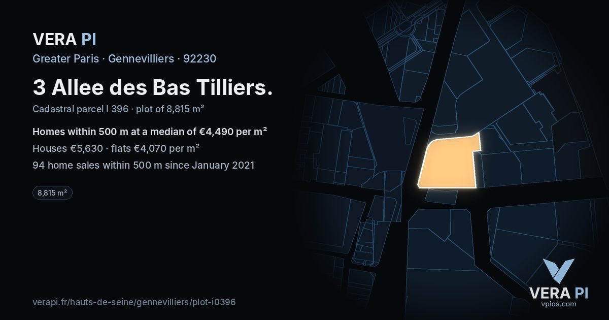 3 Allee des Bas Tilliers, Gennevilliers at night – the plot lit, the parcels around coloured by the prices near them