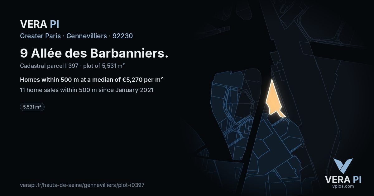 9 Allée des Barbanniers, Gennevilliers at night – the plot lit, the parcels around coloured by the prices near them