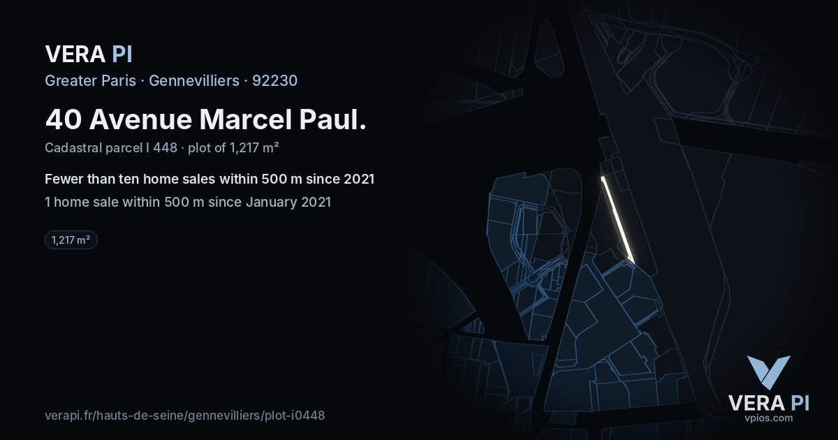 40 Avenue Marcel Paul, Gennevilliers at night – the plot lit, the parcels around coloured by the prices near them