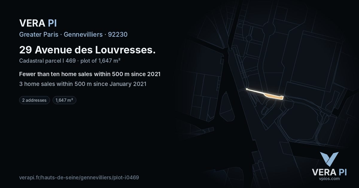 29 Avenue des Louvresses, Gennevilliers at night – the plot lit, the parcels around coloured by the prices near them