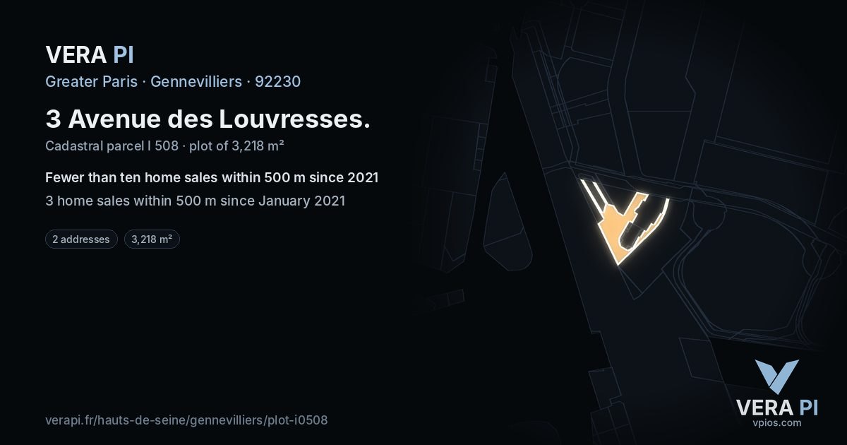 3 Avenue des Louvresses, Gennevilliers at night – the plot lit, the parcels around coloured by the prices near them