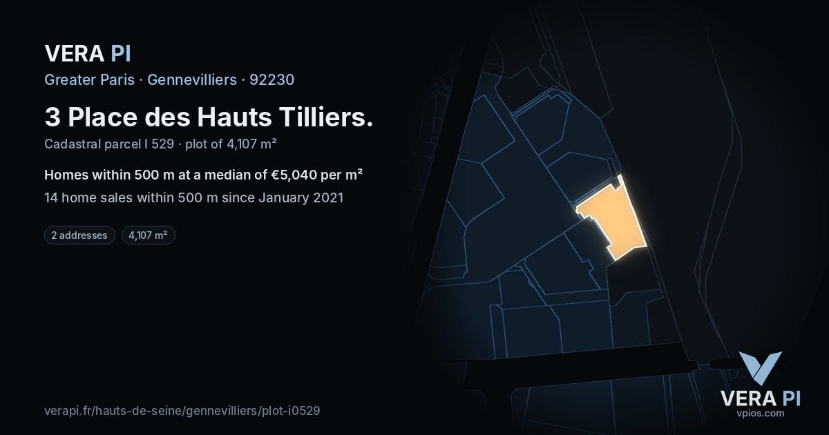 3 Place des Hauts Tilliers, Gennevilliers at night – the plot lit, the parcels around coloured by the prices near them