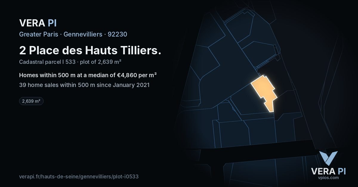 2 Place des Hauts Tilliers, Gennevilliers at night – the plot lit, the parcels around coloured by the prices near them