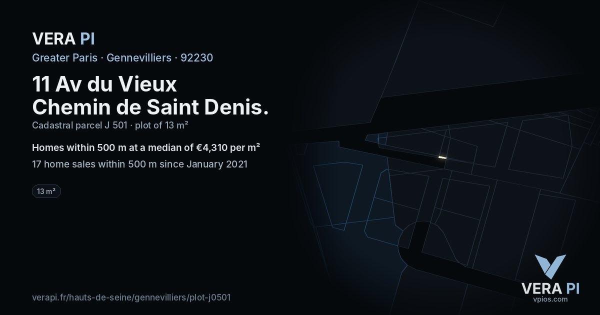 11 Av du Vieux Chemin de Saint Denis, Gennevilliers at night – the plot lit, the parcels around coloured by the prices near them