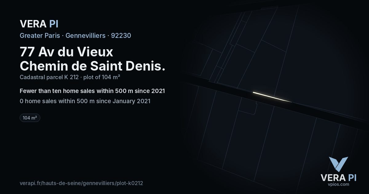 77 Av du Vieux Chemin de Saint Denis, Gennevilliers at night – the plot lit, the parcels around coloured by the prices near them