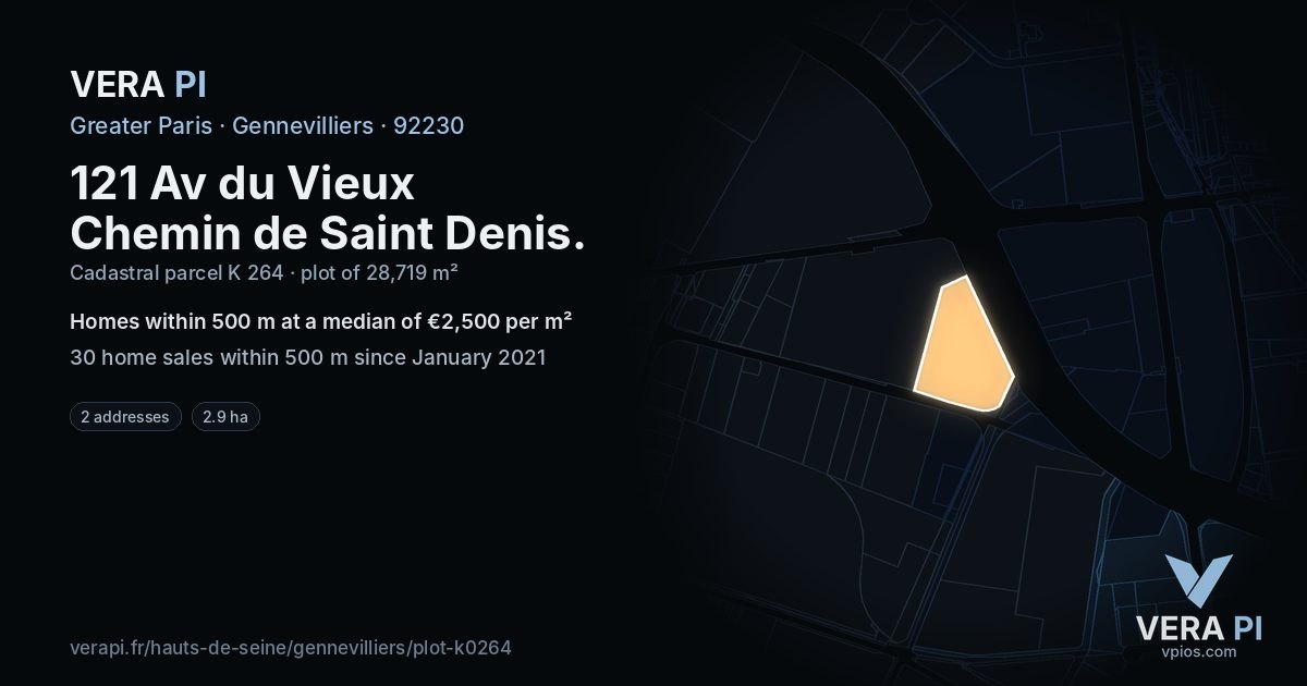 121 Av du Vieux Chemin de Saint Denis, Gennevilliers at night – the plot lit, the parcels around coloured by the prices near them