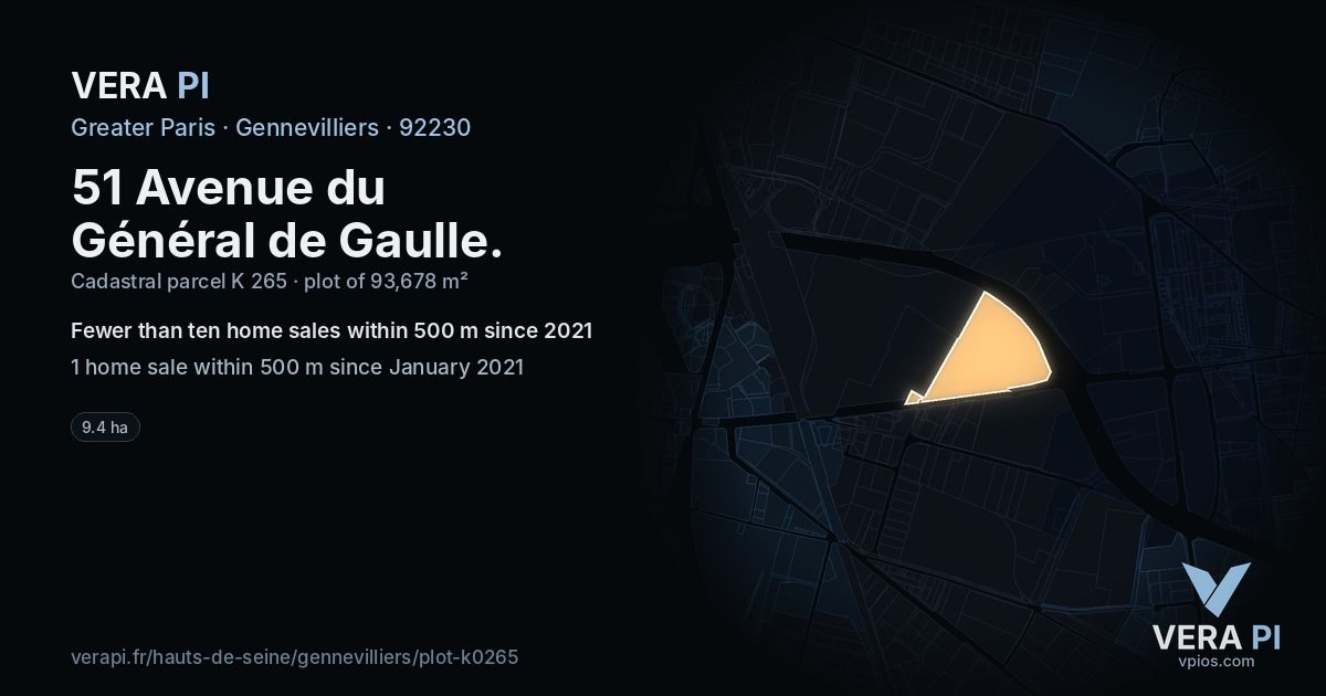 51 Avenue du Général de Gaulle, Gennevilliers at night – the plot lit, the parcels around coloured by the prices near them