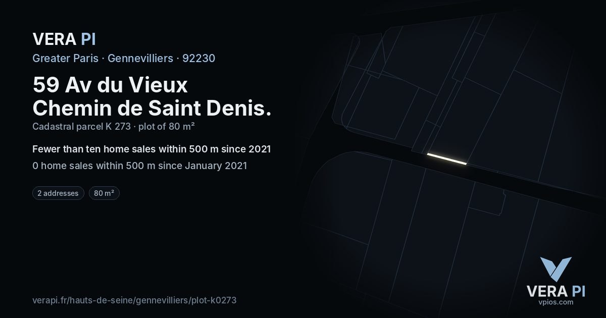59 Av du Vieux Chemin de Saint Denis, Gennevilliers at night – the plot lit, the parcels around coloured by the prices near them