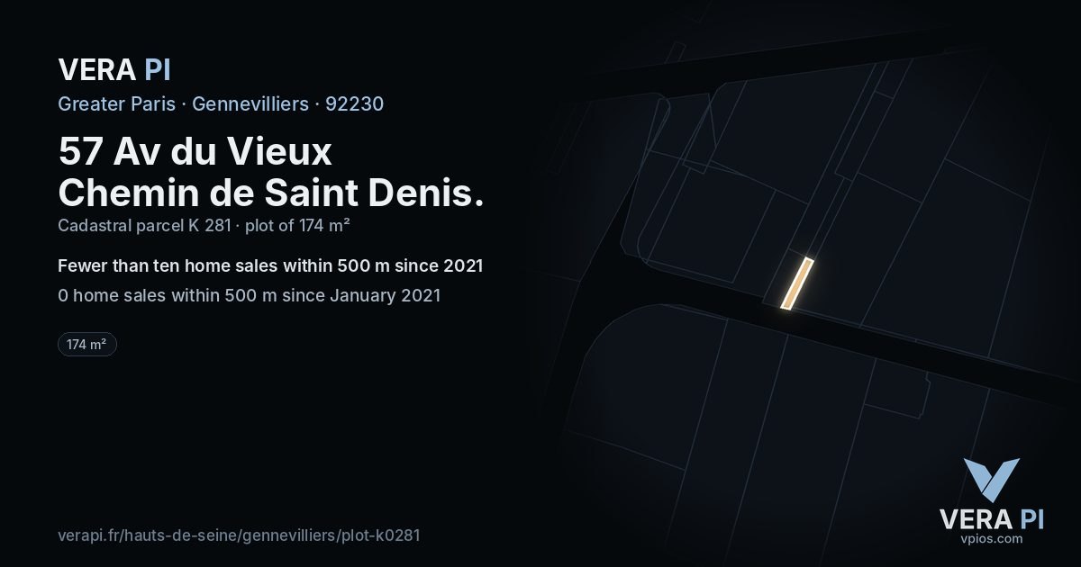 57 Av du Vieux Chemin de Saint Denis, Gennevilliers at night – the plot lit, the parcels around coloured by the prices near them