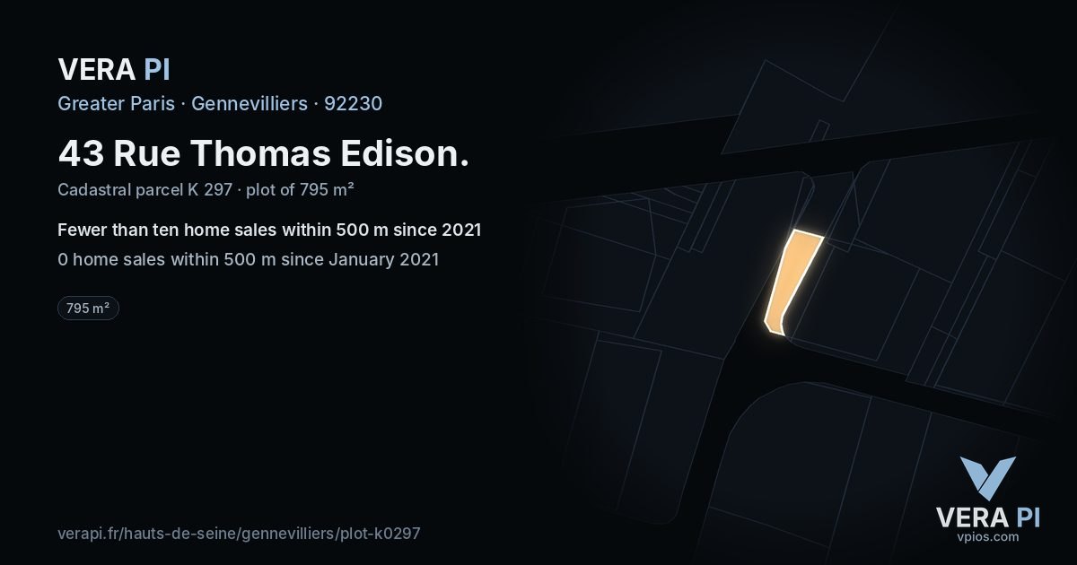 43 Rue Thomas Edison, Gennevilliers at night – the plot lit, the parcels around coloured by the prices near them