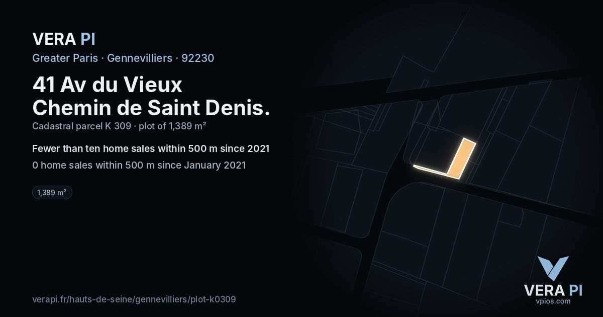 41 Av du Vieux Chemin de Saint Denis, Gennevilliers at night – the plot lit, the parcels around coloured by the prices near them