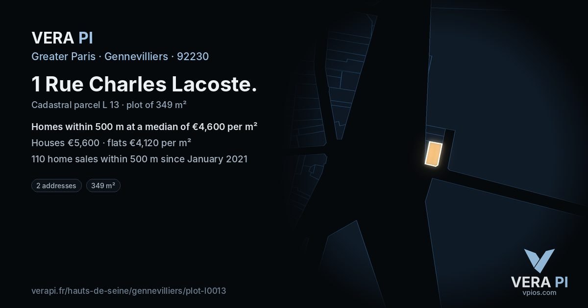 1 Rue Charles Lacoste, Gennevilliers at night – the plot lit, the parcels around coloured by the prices near them