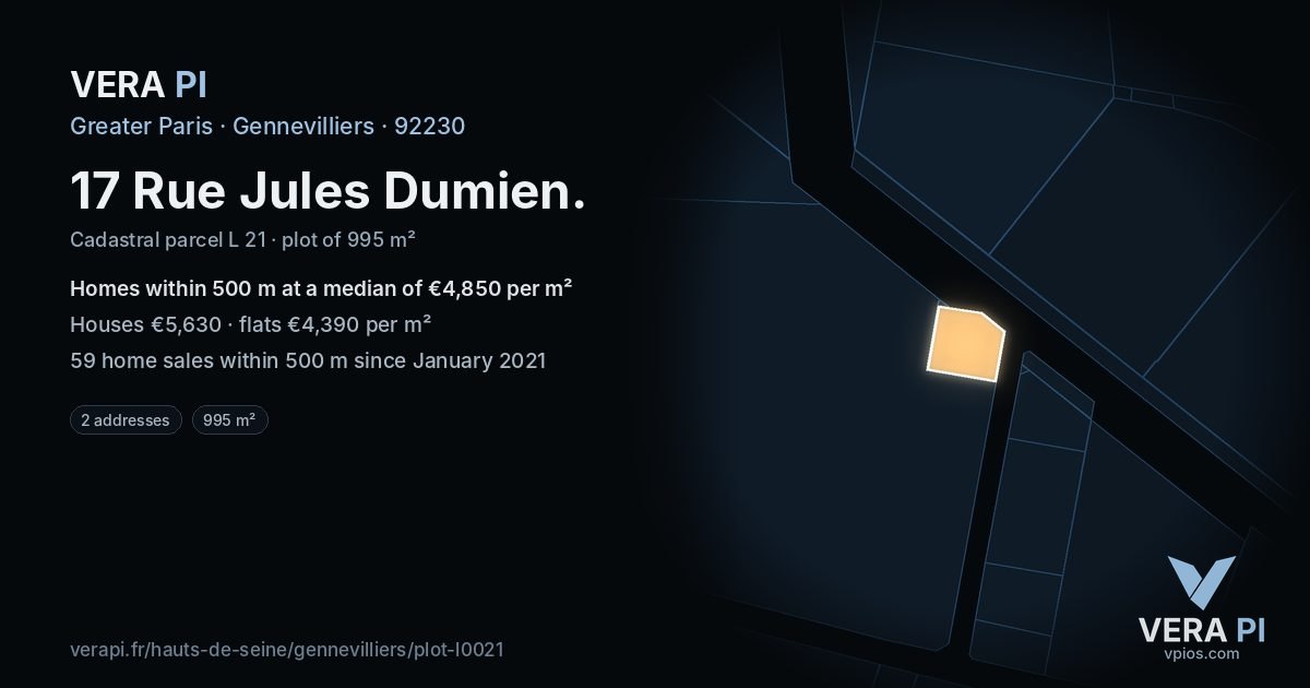 17 Rue Jules Dumien, Gennevilliers at night – the plot lit, the parcels around coloured by the prices near them