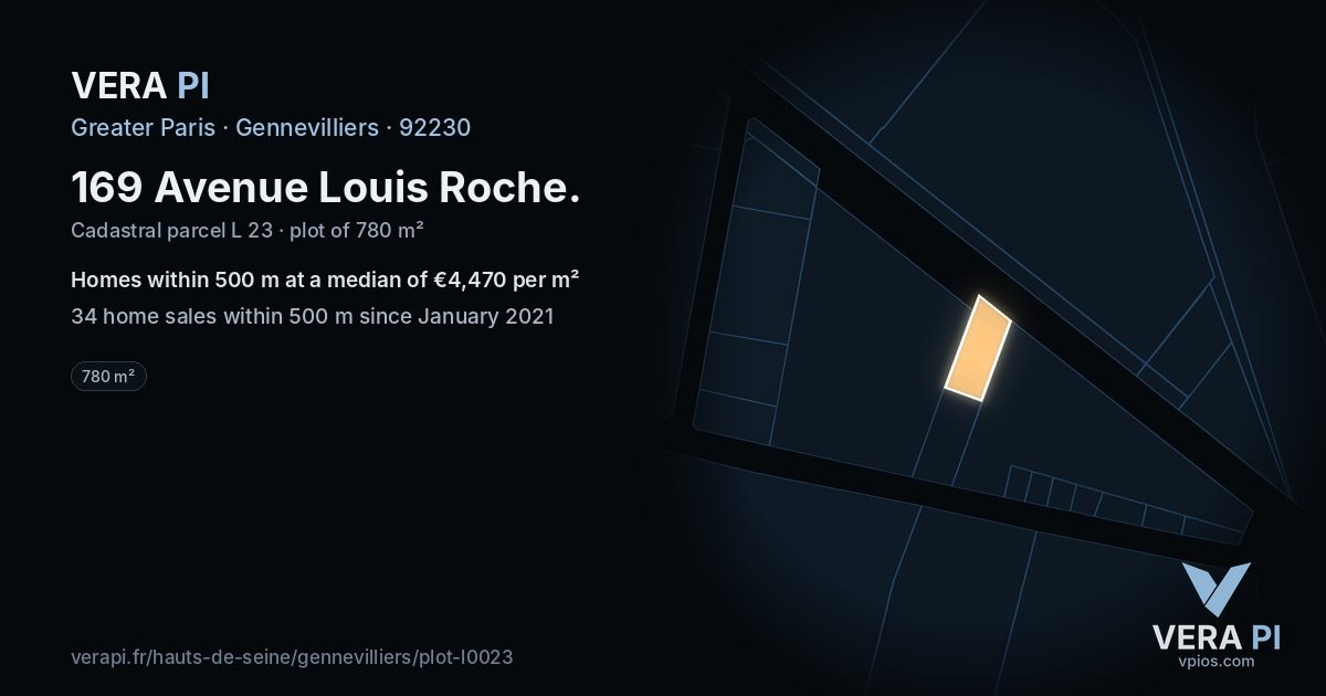 169 Avenue Louis Roche, Gennevilliers at night – the plot lit, the parcels around coloured by the prices near them
