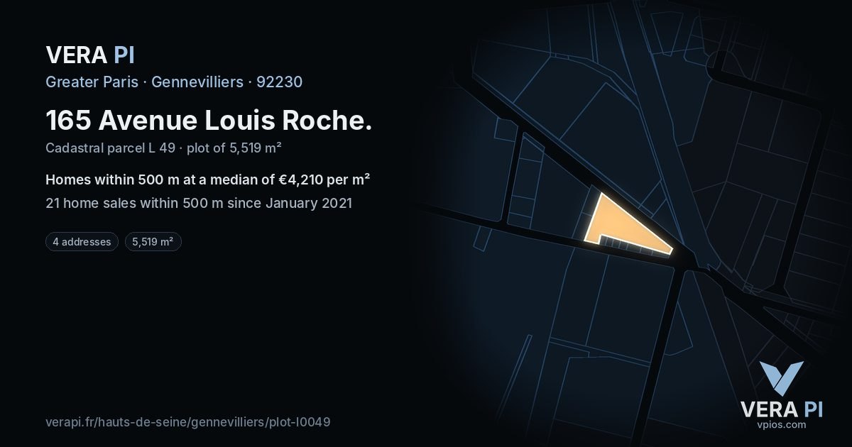 165 Avenue Louis Roche, Gennevilliers at night – the plot lit, the parcels around coloured by the prices near them