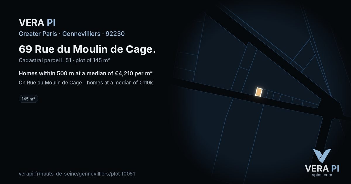 69 Rue du Moulin de Cage, Gennevilliers at night – the plot lit, the parcels around coloured by the prices near them