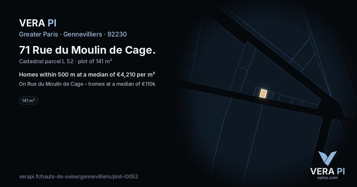 71 Rue du Moulin de Cage, Gennevilliers at night – the plot lit, the parcels around coloured by the prices near them