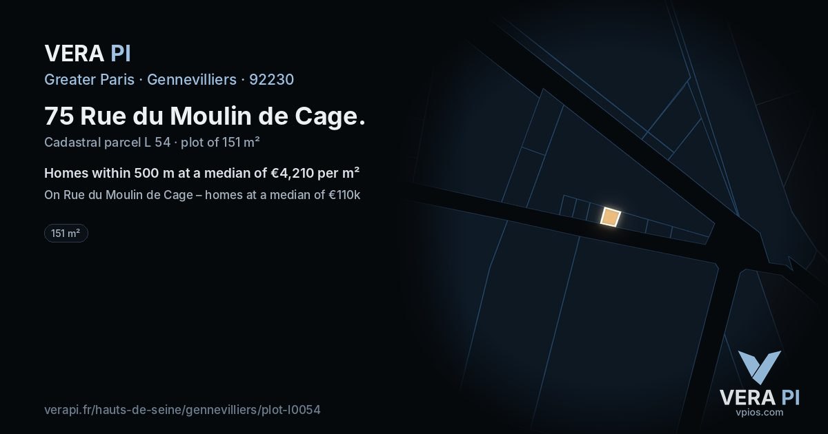75 Rue du Moulin de Cage, Gennevilliers at night – the plot lit, the parcels around coloured by the prices near them