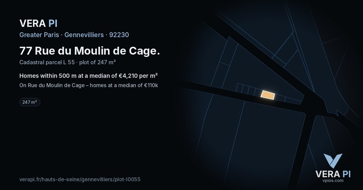 77 Rue du Moulin de Cage, Gennevilliers at night – the plot lit, the parcels around coloured by the prices near them