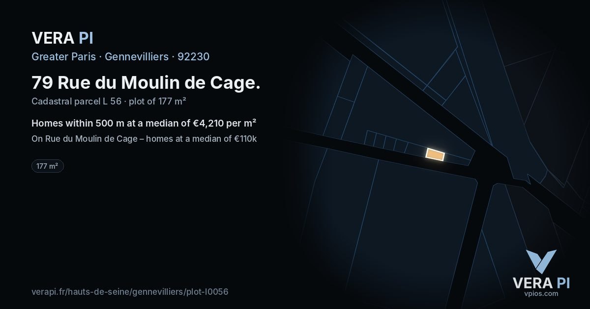79 Rue du Moulin de Cage, Gennevilliers at night – the plot lit, the parcels around coloured by the prices near them