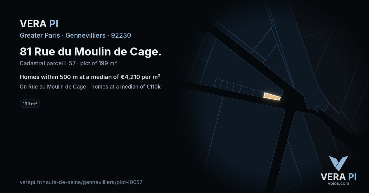 81 Rue du Moulin de Cage, Gennevilliers at night – the plot lit, the parcels around coloured by the prices near them