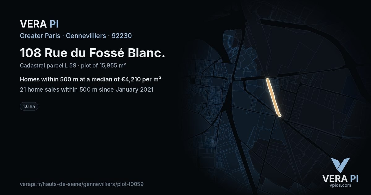 108 Rue du Fossé Blanc, Gennevilliers at night – the plot lit, the parcels around coloured by the prices near them