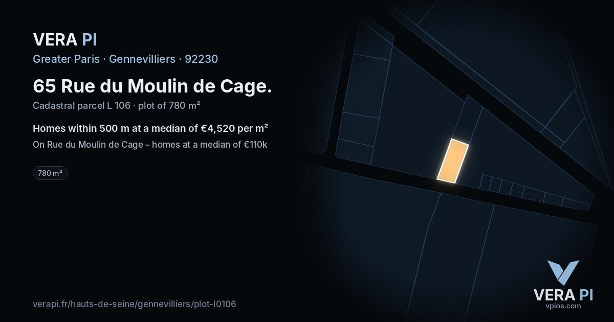 65 Rue du Moulin de Cage, Gennevilliers at night – the plot lit, the parcels around coloured by the prices near them