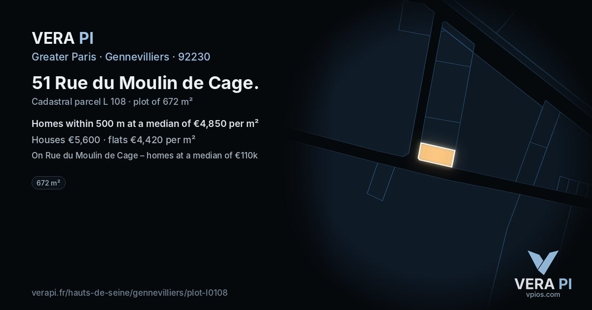 51 Rue du Moulin de Cage, Gennevilliers at night – the plot lit, the parcels around coloured by the prices near them