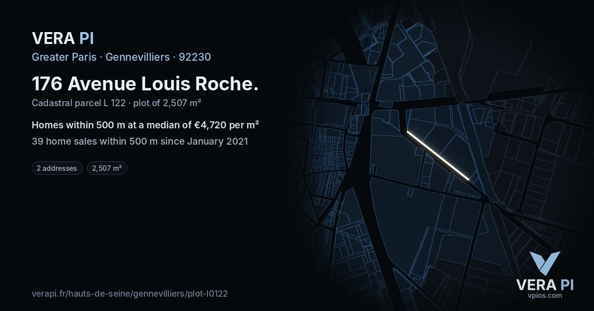 176 Avenue Louis Roche, Gennevilliers at night – the plot lit, the parcels around coloured by the prices near them