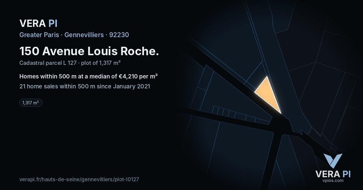 150 Avenue Louis Roche, Gennevilliers at night – the plot lit, the parcels around coloured by the prices near them