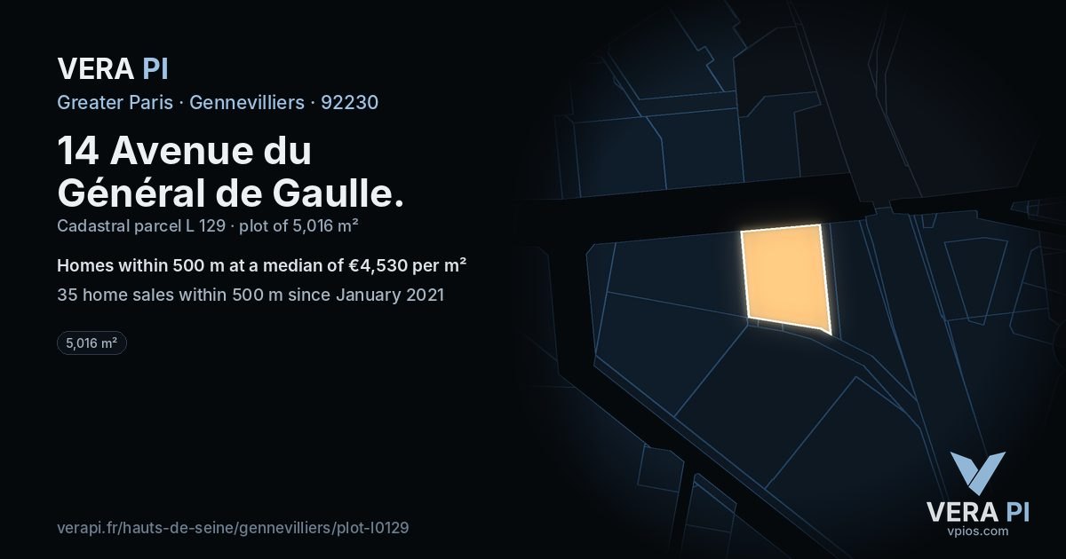 14 Avenue du Général de Gaulle, Gennevilliers at night – the plot lit, the parcels around coloured by the prices near them
